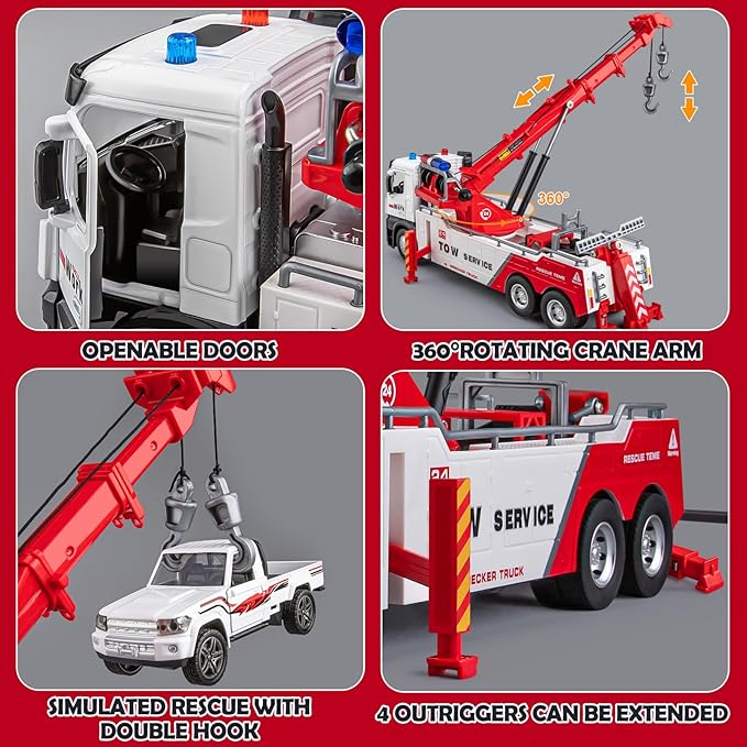 Tow Truck Toy for Boys, Metal Tow Truck with Crane Toy Model, Construction Vehicles with Lights and Sounds, Gift for Kids