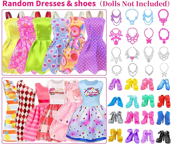 Ecore Fun 39 Pcs Doll Clothes and Accessories 3 Fashion Dresses 10 Slip Dresses 3 Tops 3 Pants 10 Necklaces 10 Shoes Fashion Casual Outfits Perfect for 11.5 inch Dolls