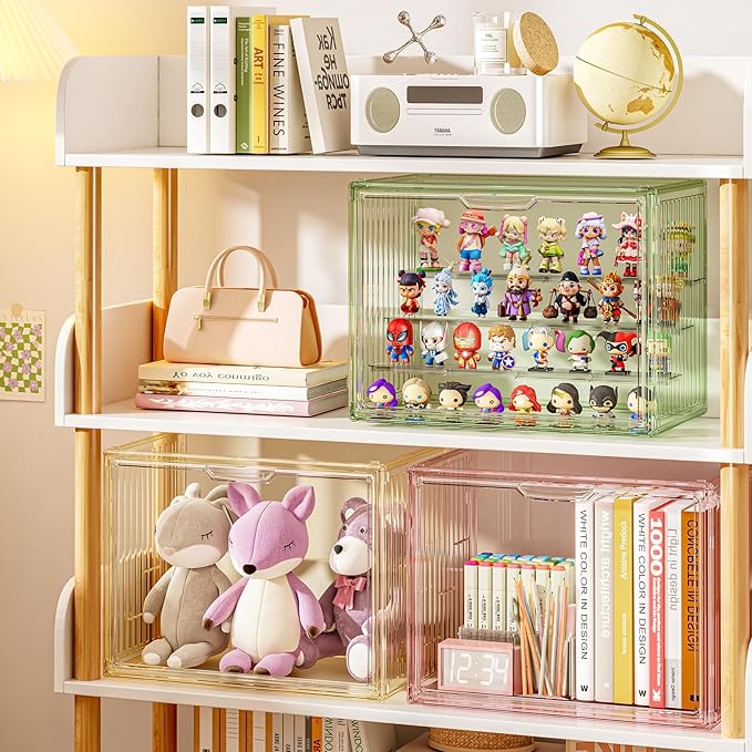 Colorful Figure Display Case for Collectibles 4 Layer Hobby Figurine Display Shelf Cases Stackable Display Boxes with Shelves for Pop Mart, Action Figures, Model, 3 Pack