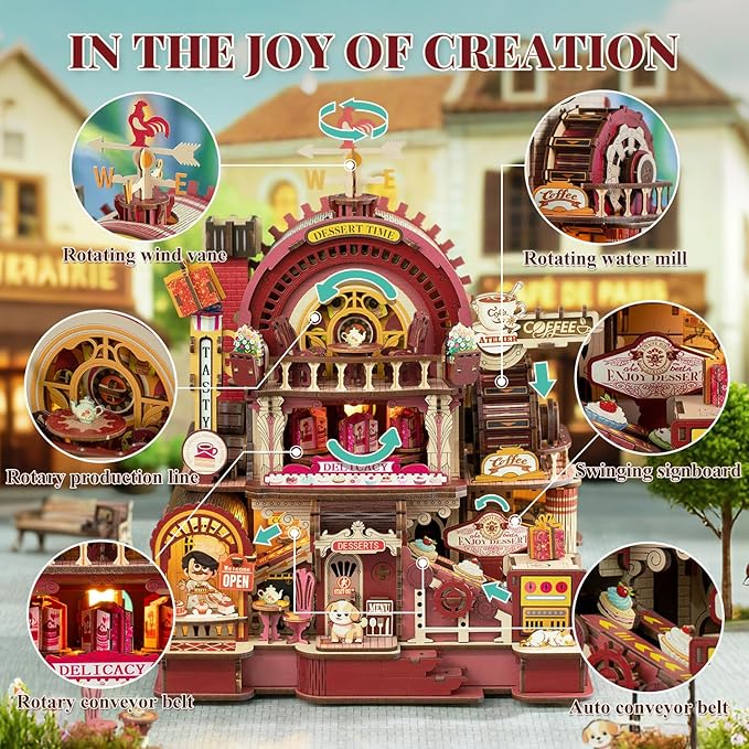 DIY 3D Wooden Puzzles for Adults,Dessert Atelier Electrically Powered – Movable Dessert & Coffee Lines Dollhouse Kit with LED Arts and Crafts for Home Decor Creative Gift for Boys Girls