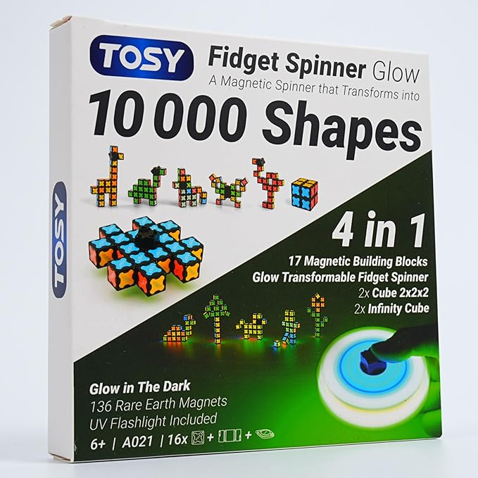 TOSY Magnet Fidget Spinner Glow - 16 Blocks, 3in1 Toy: Transformable Fidget Spinner, Infinity/Puzzle Cube, Easter Valentine Gift for Kids/Adults, Glowing STEM Sensory Stress Relief