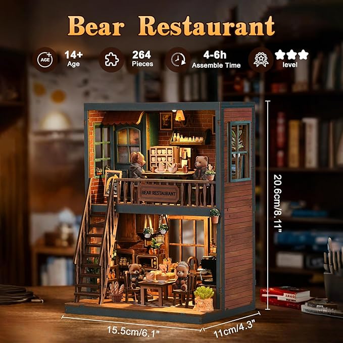 Hallisun DIY Miniature House Kit, Mini 3D Wooden Bear Restaurant Building Kit with Furniture and LED, Tiny Diorama Dollhouse Model Set, Handmade House Craft Birthday for Adults Teens