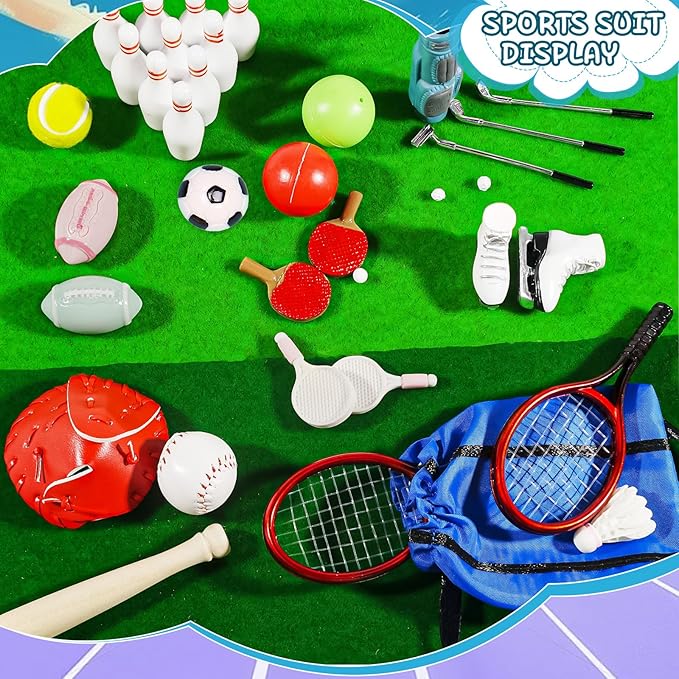 Pamonrueer 38 Pcs Miniature Sports Set Mini Golf Baseball Tennis Bowling Tiny Golf Ball Clubs Ball Bats RacketPong Table Tennis Mini House Decoration Accessories