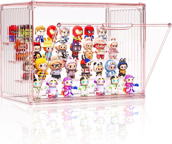 Clear Pink Acrylic Figure Display Case for Collectibles 4 Layer Hobby Figurine Display Shelf Cases Stackable Display Boxes with Shelves for Pop Mart, Action Figures, Model, 1 Pack