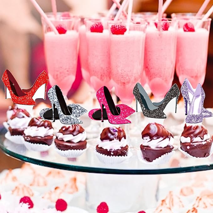 High Heels Cupcake Toppers 48Pcs High Heel Cake Decorations Colorful Stiletto Shoes Birthday Party Decorations Makeup Cupcake Picks for Queen Bachelorette Bridal Shower Supplies