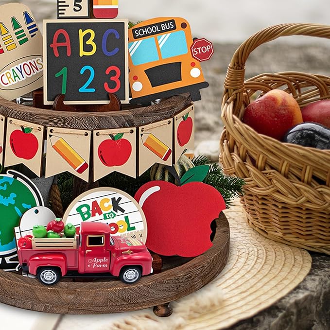 Apple Decor Farmhouse Vintage Red Truck with Fake Apples and Wooden Crate Christmas Table Decorations Mini Apples for Crafts Red Xmas Tiered Tray Decor for Home Kitchen Apple Theme New Year Gifts
