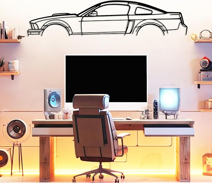 DecoSoul Mustang Metal Car Wall Art, Sports Car, Automotive Silhouette Line Decoration, Minimalist Sculpture for Garage, Indoor Outdoor Wall Hanging, Gift for Boyfriend (Black - 25 x 6.9” inch)