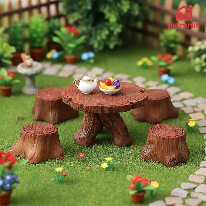 5Pcs Miniature Table and Chairs Set Fairy Garden Accessories, Mini Resin Village Furniture Ornaments Kit for DIY Craft Gift Dollhouse Succulents Home Outdoor Decoration