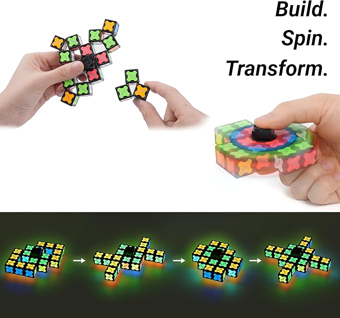 TOSY Magnet Fidget Spinner Glow - 16 Blocks, 3in1 Toy: Transformable Fidget Spinner, Infinity/Puzzle Cube, Easter Valentine Gift for Kids/Adults, Glowing STEM Sensory Stress Relief, 2-Pack