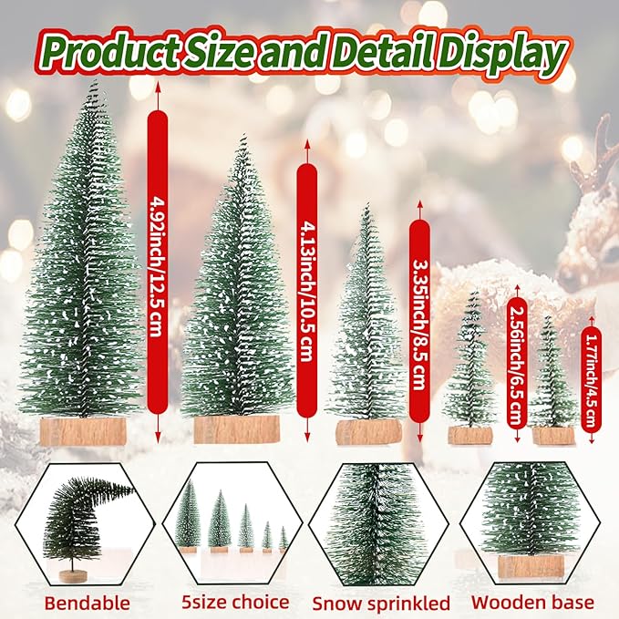Yahpetes Christmas Tree 15 Pcs Sisal Trees Artificial Xmas Trees 3 Colors Bottle Brush Trees Miniature Pine Trees with Wooden Base for Christmas Holiday Decorations (Silver,Green,Dark Green 15Pcs)