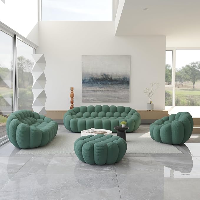 JACH Bubble Sofa Curved Couch Set, Comfy Upholstered Sofa, Mesh Fabric 3D Honeycomb Shape Modern Couches for Living Room, Apartment (Green, 1 Seater, 2 Seater, 3 Seater, Ottoman)