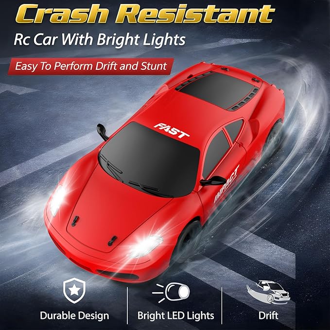Remote Control Car RC Drift Car 2.4GHz 1:24 Scale 4WD 15KM/H High Speed Model Vehicle with LED Lights Drifting Tire Racing Sport Toy Car for Adults Boys Girls Kids Gift 2Pcs Rechargeable Batteries