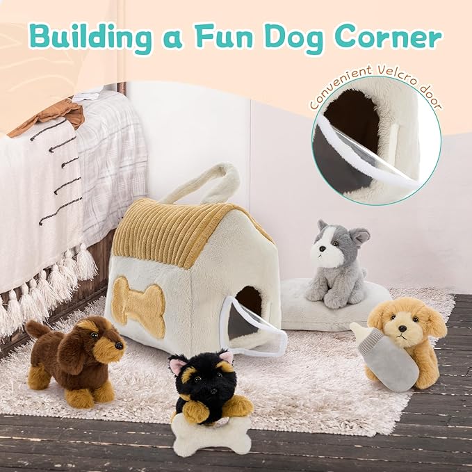 Muiteiur 8-Piece Dog House Plush Set, 9.8 Inch Plush Dog House Set with Cute 4 Puppies, Magic Gate, Bottle, Bed Pad & Bone, Interactive Pet Toy for Kids