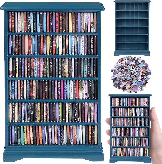 DIYDEC Mini Bookshelf with 180pcs Mini Books Miniature Blue Bookshelf Ornament Tiny Small Library Decor Shake Away Your Anxiety for Book Lovers Gift Home Room Office