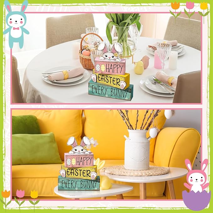 Moucuny 4 Pcs Easter Table Decorations Bunny Tiered Tray Decor Wooden Bunny Block Signs Gifts Happy Easter Centerpiece for Tables Wood Rabbit Tabletop Signs for Kitchen Home Shelf Office DECOR