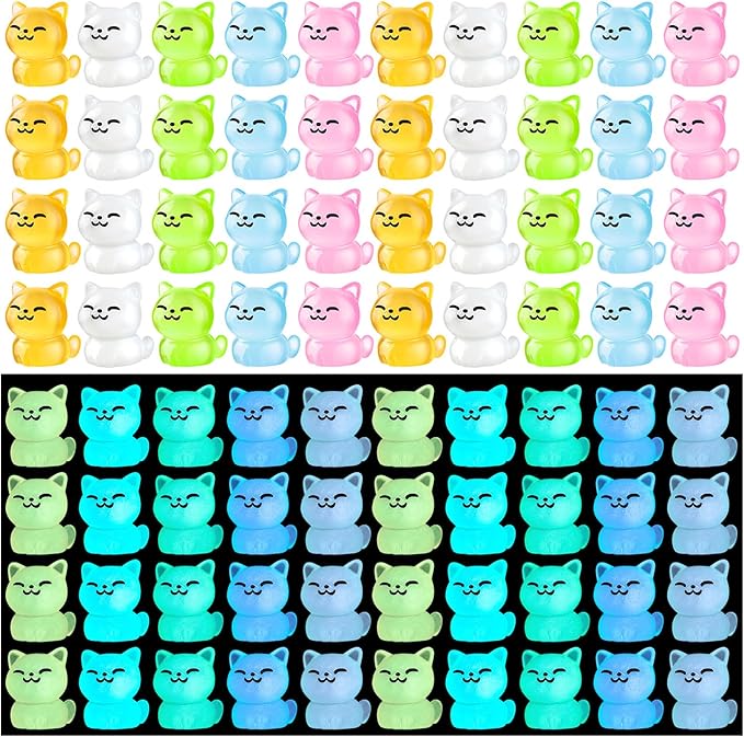 40Pcs Luminous Mini Resin Cat, Miniature Cat, Glow in The Dark Tiny Cats Ornament for Garden Landscape Aquarium Dollhouse Birthday Party Room Crafts Decor