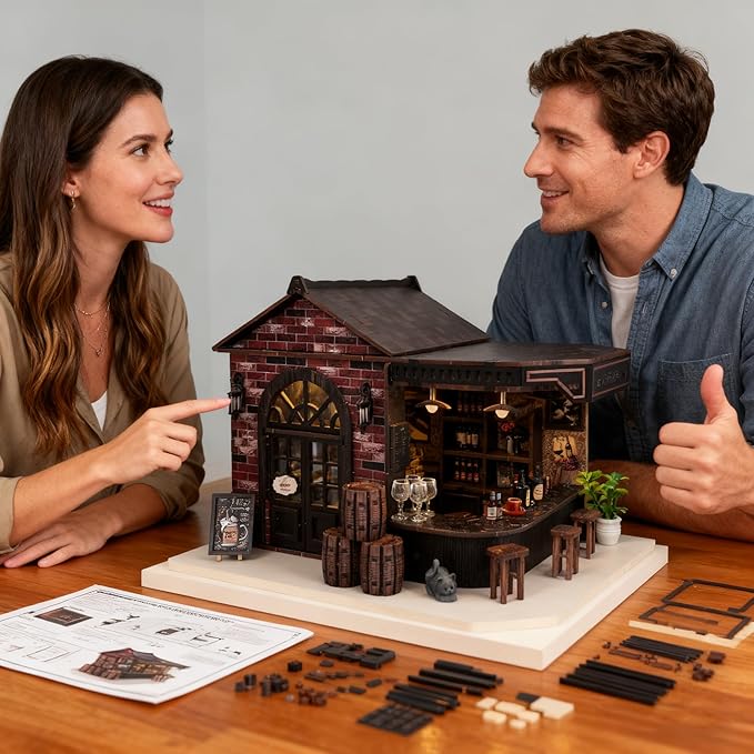 Book Nook Kit, DIY 3D Wooden Puzzle Miniature House, Vintage Pub Corner Tavern with LED Lights, Mini Dollhouse Building Kit Tiny House for Adults, Christmas Birthday Valentine's Day Gift for Family