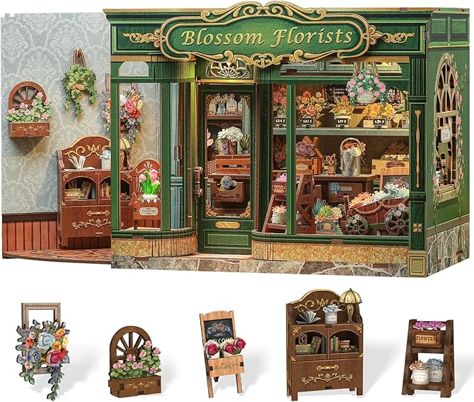 Cutefun Book Nook Kit - DIY Miniature Flower Shop Booknook Kits for Adults and Teens, 3D Wooden Puzzle Bookend Bookshelf with LED Light, Gifts for Family and Friends (Blossom Florists)