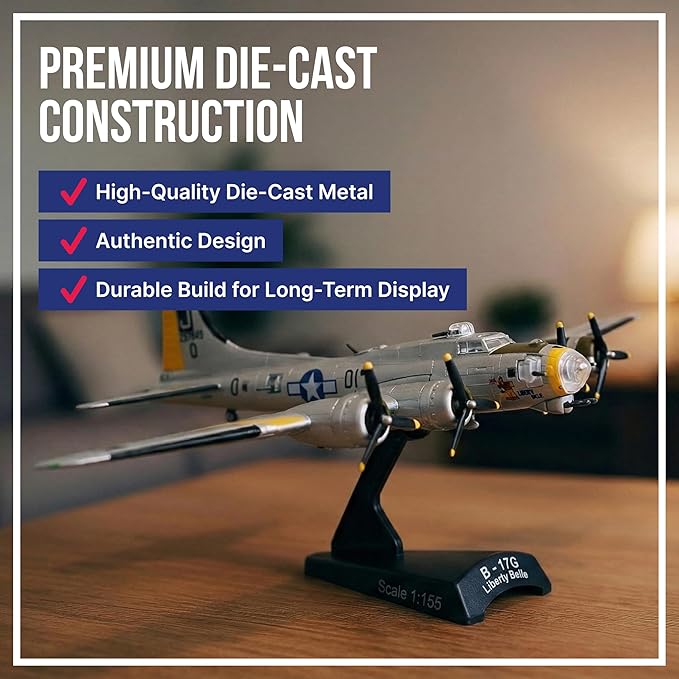 Daron Boeing B-17 Flying Fortress B-17G Die-Cast Model – 1:155 Scale WWII Heavy Bomber Replica with Display Stand, Highly Detailed, 5.75” Length x 8” Wingspan, Adult Collectible Ages 14+
