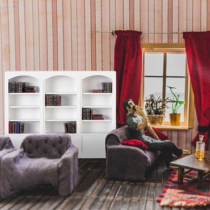 1:12 Scale Dollhouse Miniature Wooden Bookshelf with 48 Pcs Miniatures Books, Mini Bookcase Tiny Books for Dollhouse Mini Library Furniture Christmas Decoration Gift(White)