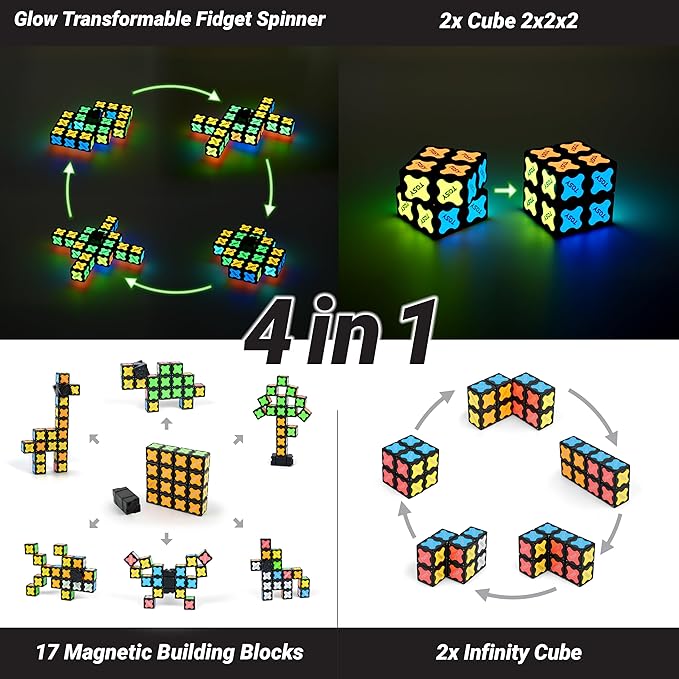 TOSY Magnet Fidget Spinner Glow - 16 Blocks, 3in1 Toy: Transformable Fidget Spinner, Infinity/Puzzle Cube, Easter Valentine Gift for Kids/Adults, Glowing STEM Sensory Stress Relief