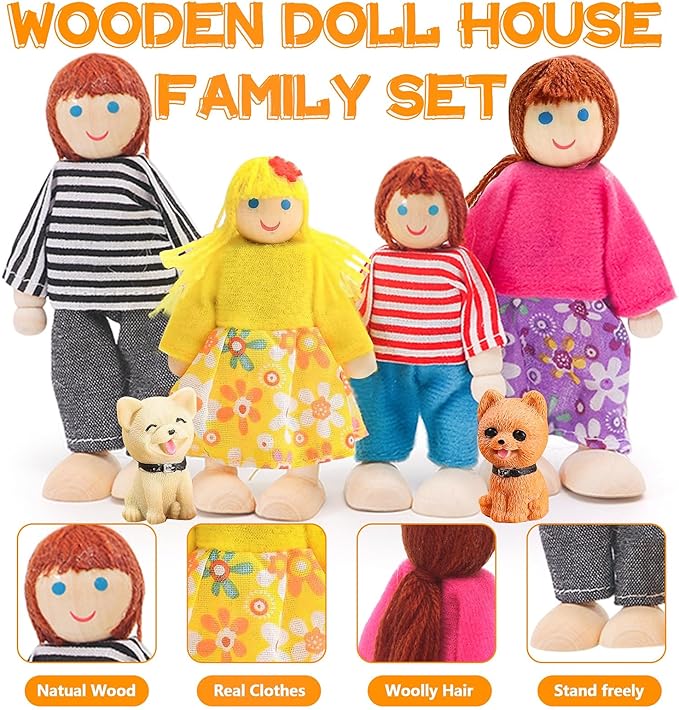 36PCS Wooden Dollhouse Furniture Set with 4 Flexible Family Dolls - 5 Room Realistic Doll House Accessories for Toddlers 3 4 5 6, Pretend Play Toys Gift for Birthday and Christmas