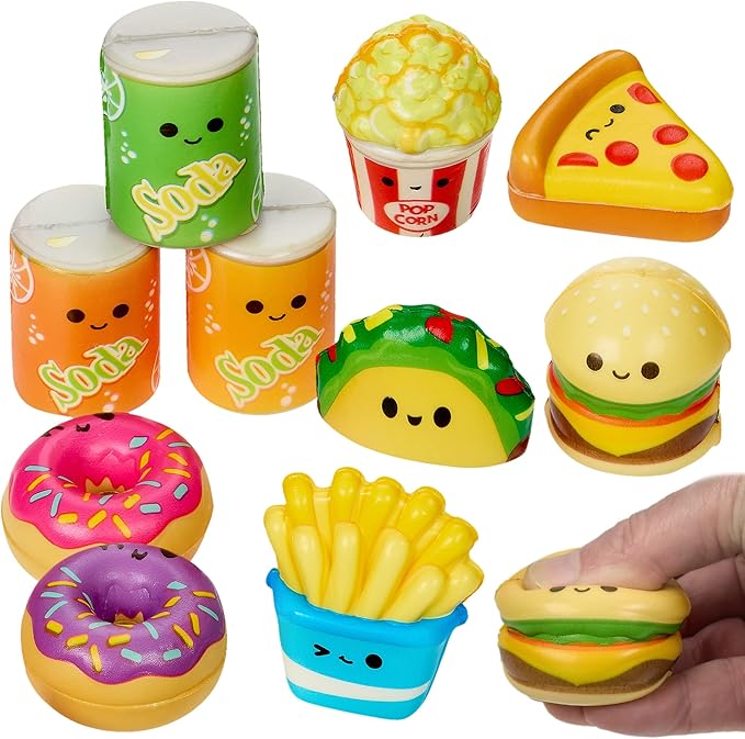 Playbees Mini Squish Fast Food Toys - 10 Pack - Assorted Designs Slow-Rise Stress Relief Toys for Kids, Mini Fidget Toys for Sensory Play, Party Favors, Junk Food Goodie Bag Fillers for Boys & Girls