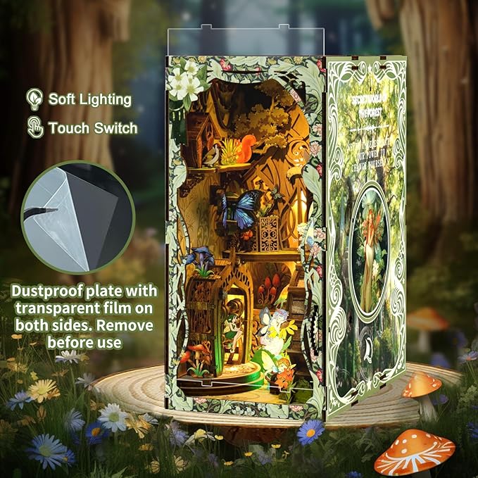Book Nook Kit - DIY Miniature Dolls House Kit with Furniture and LED Light, 3D Puzzle Wooden Art Bookends, Model Kits for for Adults and Teens (Secret Forest)