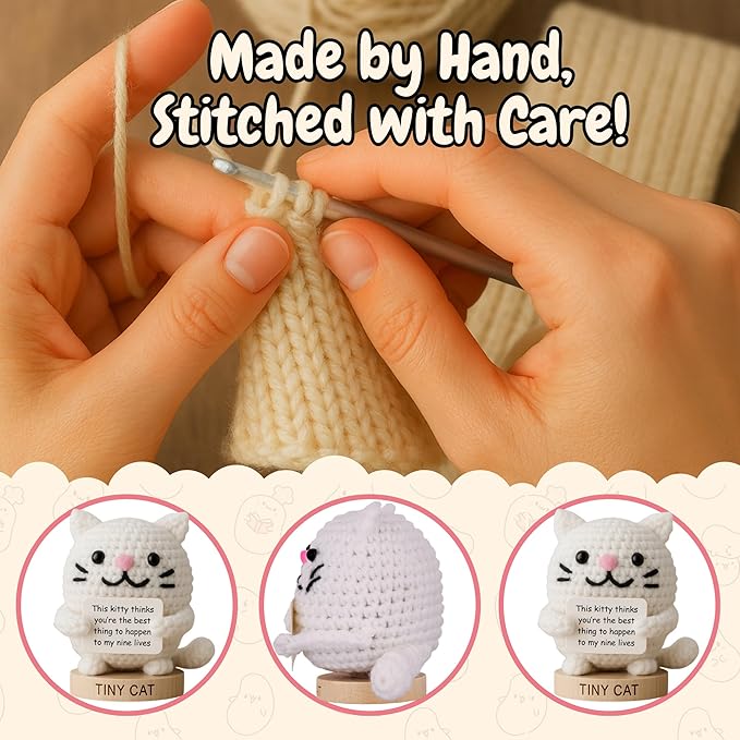 Cat Mom Gifts for Women - 30 Uplifting Affirmations from The Tiny Cat | Cats Lady Presents for Women, Funny Christmas or Birthday Gifts for Fur Mama Present Ideas | Handmade Positive Animal Crochet