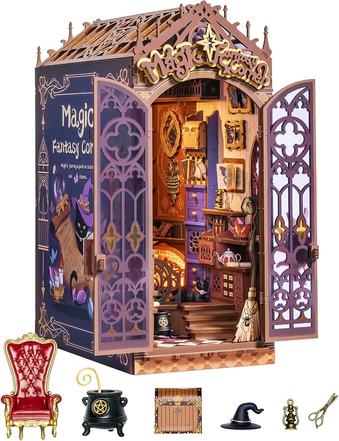 ROBOTIME Book Nook Kit, DIY Miniature House Kit, 3D Wooden Puzzle Bookends, Witch Study Room Bookshelf Decor, Creative Unique Gifts for Adults (Magic Fantasy Corner)