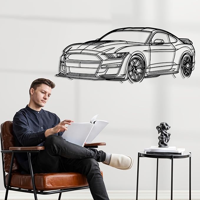 DecoSoul Mustang Metal Car Wall Art, Sports Car, Automotive Silhouette Line Decoration, Minimalist Sculpture for Garage, Indoor Outdoor Wall Hanging, Gift for Boyfriend (Black - 55 x 15.1” inch)
