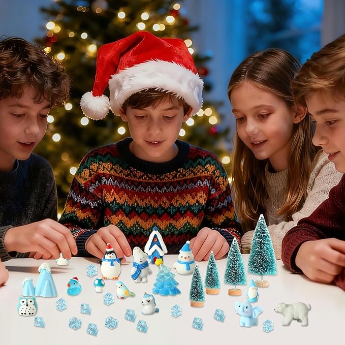 Miniature Winter Figurines, Blue Theme Simulated Ice Cubes Blue Christmas Tree Christmas Scenery Ornaments for Desktop Decoration Micro Landscape Accessories