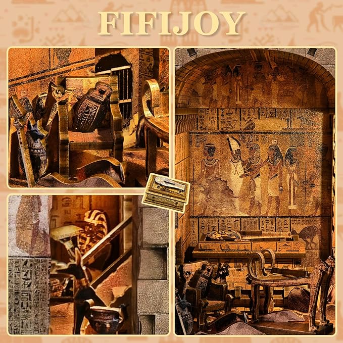 Book Nook Kit - DIY Miniature House Dollhouse Kit for Adults and Teens, 3D Wooden Puzzle Booknook Build Bookshelf Decor with LED Light, Gifts for Family and Friends (Egyptian Pharaoh's Tomb)