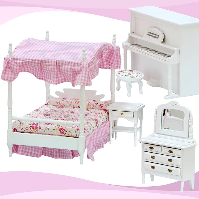 iLAND Dollhouse Furniture Bedroom Set Doll House Mini Bed for Dolls Wooden Miniature Furniture with 1 12 Scale Accessories Pink Dollhouse Accessories Decor