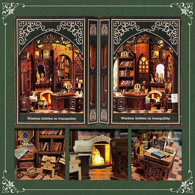 Book Nook Kit – 3D Wooden Puzzle Miniature Dollhouse, DIY Craft for Teens and Adults, Vintage Design with LED Lights and Touch Switch（Classical Library）