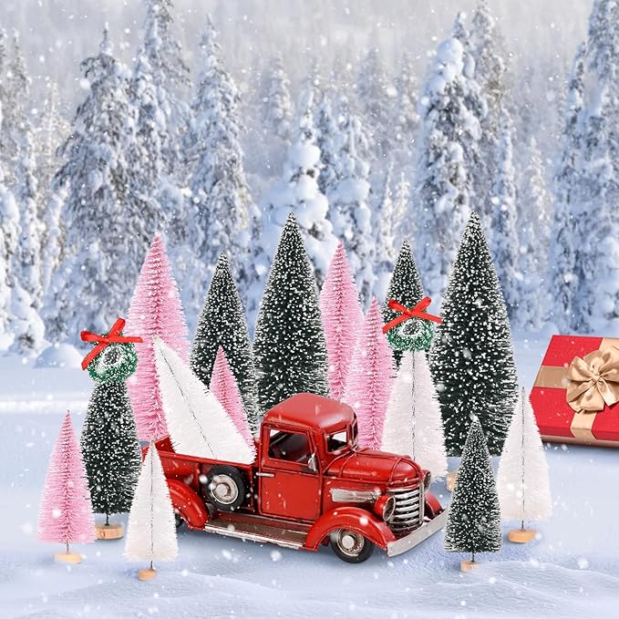 Waipfaru Pink Christmas Decorations, 30 Pcs Mini Bottle Brush Christmas Trees, Miniature Small Pine Trees for Xmas Tabletop Crafts Indoor Table Home Decor (Pink & White)