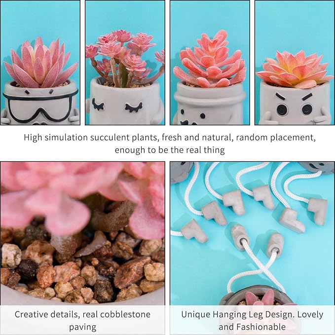 LUZOGA Set of 4 Artificial Potted Mini Succulent Plants - Small Fake Succulents in Hanging Leg Cement Pots, Desk/Bathroom/Bookshelf/Wall Decor for Home Office, Cute Office Decor for Women (Pink)