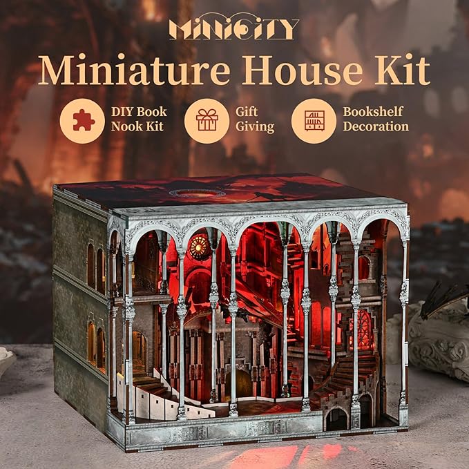Book Nook Kit, DIY Miniature House Dollhouse Kit for Adult and Teens, Booknook Bookshelf Decor Castle Model Build with LED Light, Gifts for Family and Friends (Ember Castle)