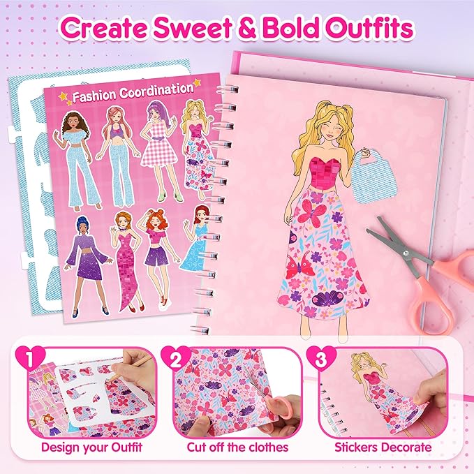 Mocoosy Makeup Art Craft for kids Ages 4-8, Pretend Makeup Coloring Activity Book with Stickers, Fashion Designer Kit for Girls, Travel Game Road Trip Toy Valentine's Gift for Girl 5 6 7 8 9 Years Old