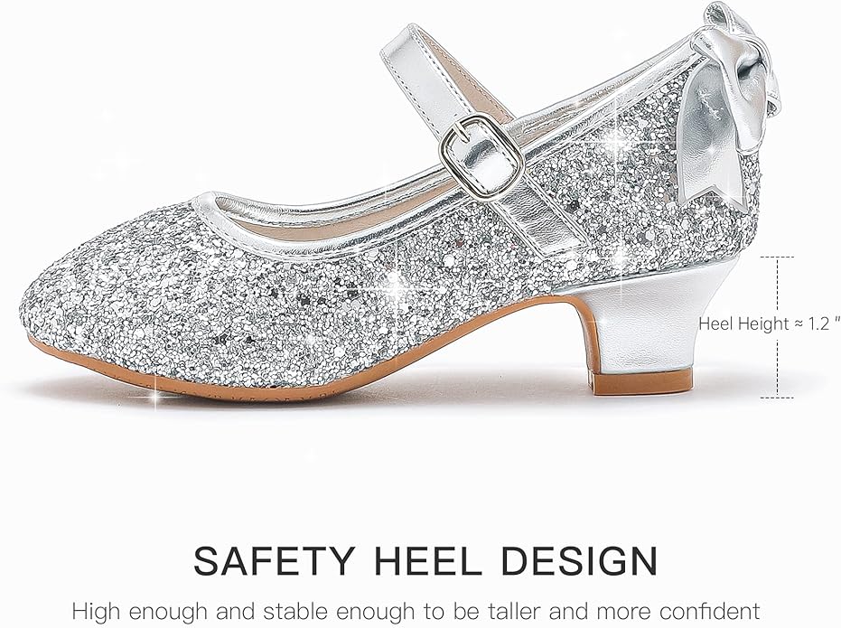 Dufannie Girls Dress Shoes Low Heel Princess Flats Mary Jane Flower Wedding Party Glitter Shoes for Kids Toddler