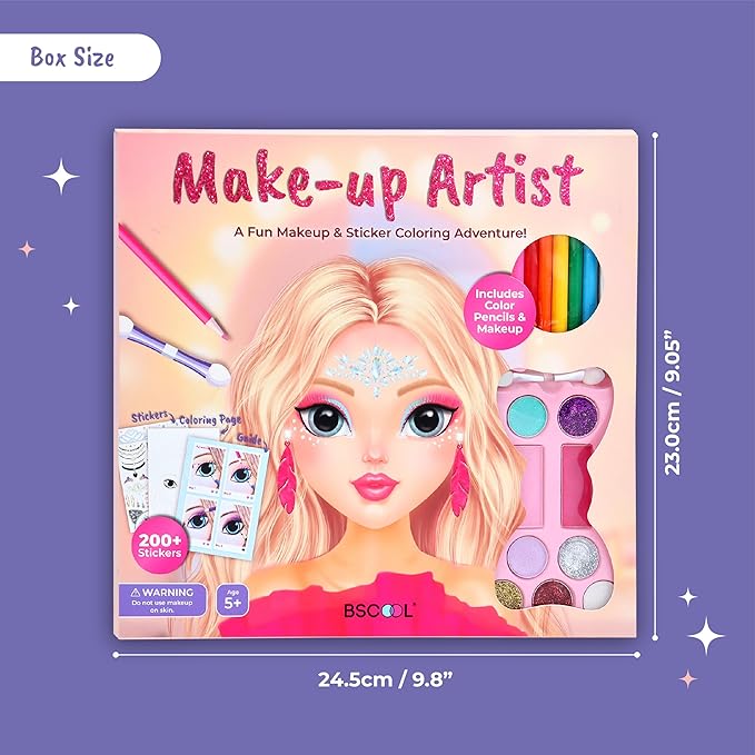 BSCOOL Make-up Artist. 3 in 1 Fun Makeup, Sticker, Coloring Kit, Includes Color Pencils, Makeup Palette, and 200+ Stickers. for Girls Ages 5,6,7,8. Christmas Gift for Girls