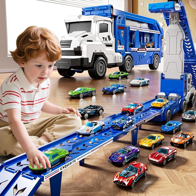 Toddler Car Truck Toys for 3 4 5 6 7 8 Years Old Boys, Transporter Truck Toy Track Set with 12 Die-Cast Car Toys, Toy Gifts for 3 4 5 6 Year Old Boys Kids