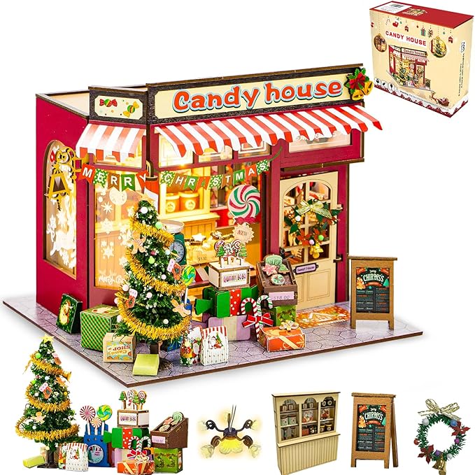 DIY Miniature House Kit, Christmas Miniature Dollhouse Kits, Tiny House with LED, Christmas Village Houses Set, 3D Wooden Puzzle Mini House, Craft Gift for Adults