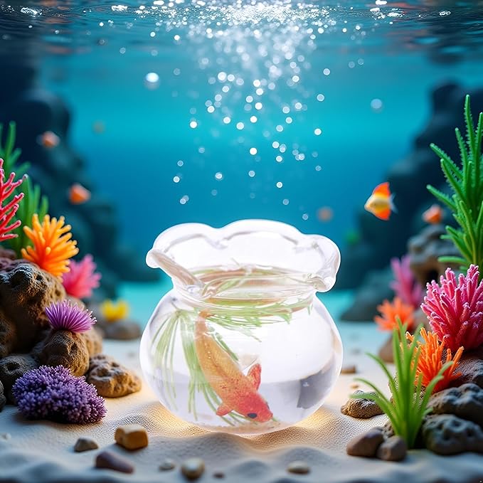 1Pcs Multicolour Mini Round Fish Tank Realistic Glass Decor for Dollhouse Display Captivating Miniature for Crafts Ornaments Handmade Landscape,Miniature Goldfish Bowls,Dollhouse Accessories(Gold)