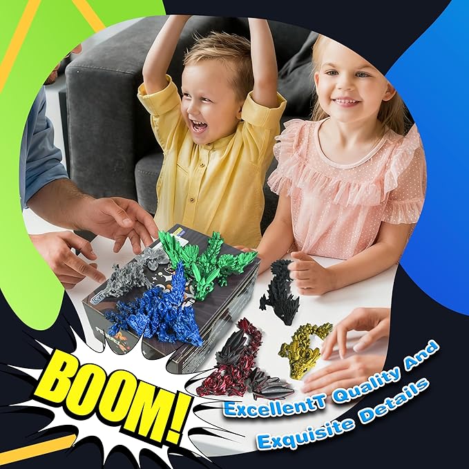 12PCS 3D Printed Dragon Set – Black Series Articulated Crystal Dragons, Cool Fidget Toys & Desk Decor, Unique 3D Printed Animals, Vibrant Gift for Teens, Adults, Party Favors
