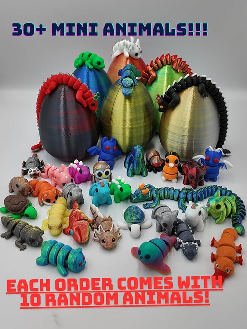 10 Pack Mystery Mini Animal Packs - 3D Printed Articulating Figurines - Unique and Fun Designs Includes Mystery Egg - Stress Relief (10 Pack)