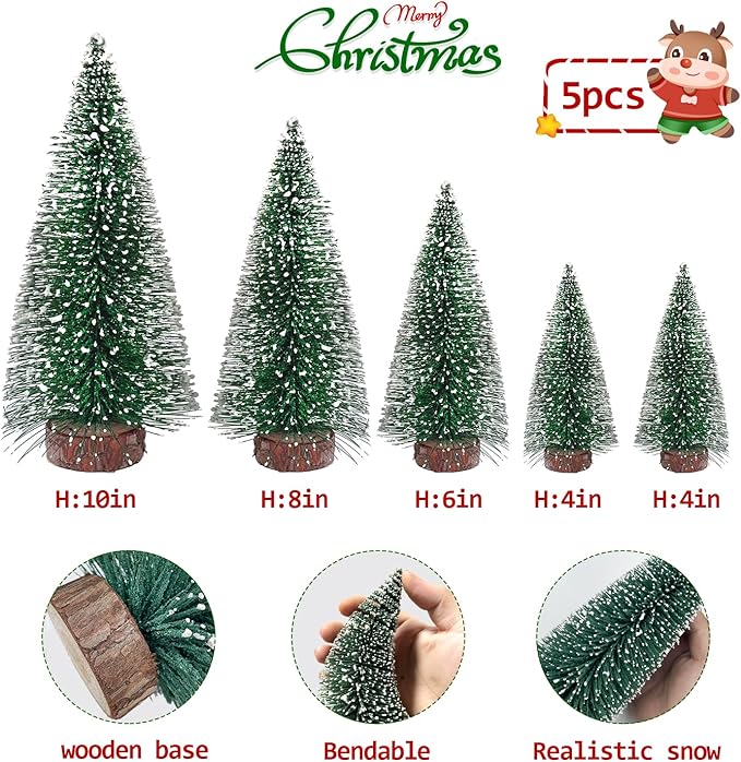 MTKZKAF 5 PCS Table top Christmas Pine Tree Bottle Brush Christmas Trees with Wooden Bases for Village Holiday Party Christmas Table Decor