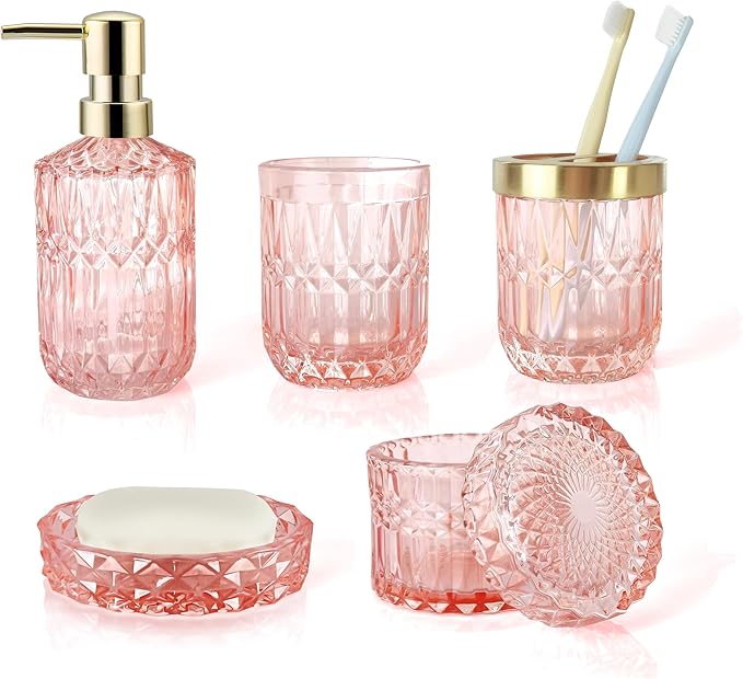 LaMarriti 5pcs Clear Glass Bathroom Accessories Set, Crystal Pink Bathroom Decor Set, Soap Dispenser, Toothbrush Holder Set, Soap Dish, Tumbler, Qtips Holder, Modern Decor for Bathroom, Gift Set