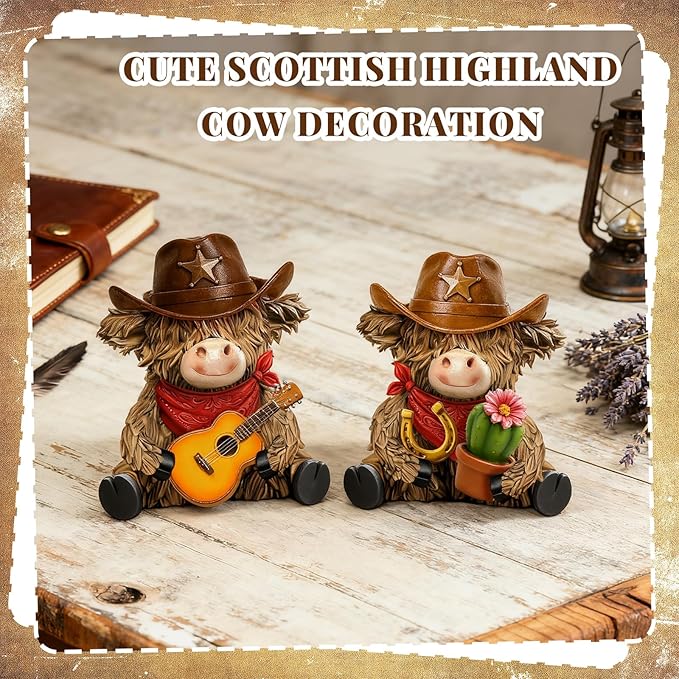 Burbell 2 Pcs Highland Cow Figurines Decor Cowboy Gnomes with Western Cowboy Hat Resin Statue Calf Lovers Gifts for Farmhouse Home Garden Bathroom Kitchen Office Tiered Tray Table Decor
