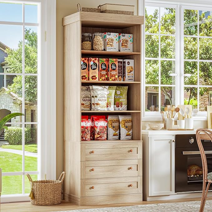 71" Tall Farmhouse Kitchen Pantry, Large Storage Cabinet with Glass Doors, Adjustable Shelves, 3 Drawer, Wood Versatile Hutch Cabinet for Dining Room, Living Room, Brown 2 PCS